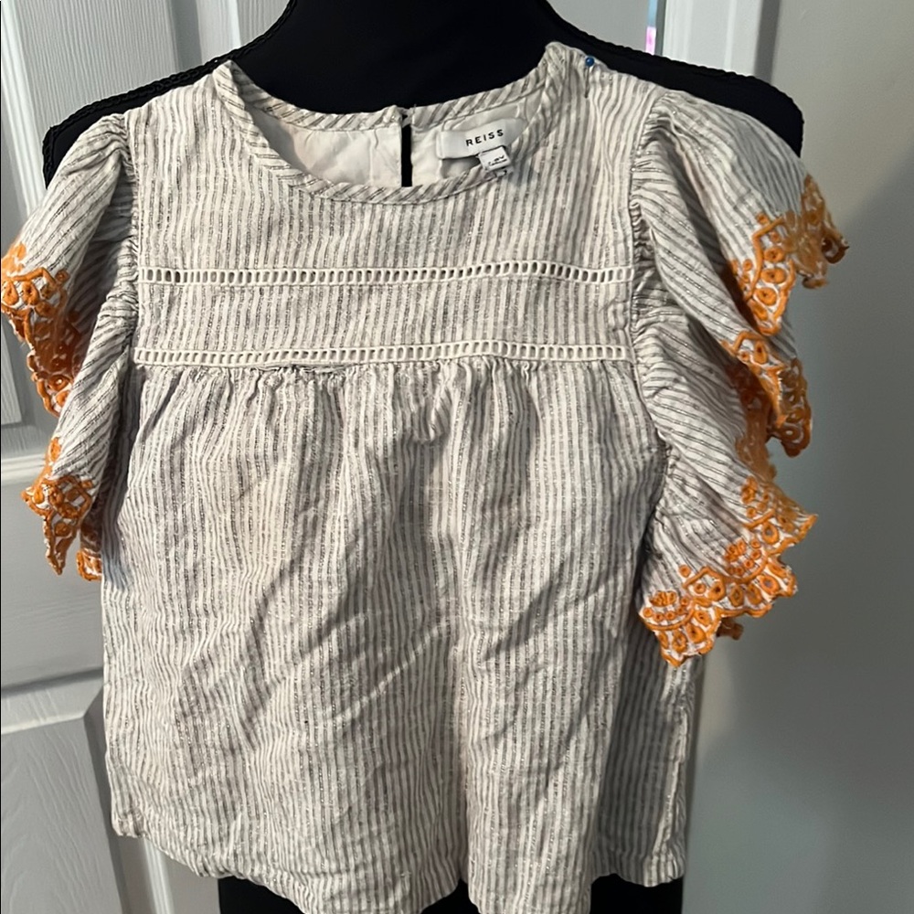 Reiss Gray and Orange Blouse with Puff Sleeves